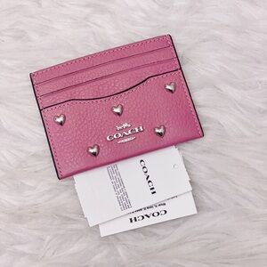 NWT Coach Slim Id Card Case With Heart Rivets CDG89 Silver Peony